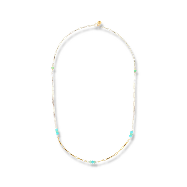 A necklace with gold, silver, and gemstones, what more could you ask? We absolutely love this chain and it's beautiful enough to wear alone, yet a great base for layering. Major resort vibes with chrysoprase and aqua chalcedony faceted beds. 21" length.
