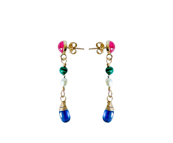 Stunning lab-created pink sapphire dangle earrings with green malachite, blue kyanite, white freshwater pearls, and a sterling silver disco ball accent. 14k gold-fill posts and backs. Just over 1.5". Dopamine dressing.