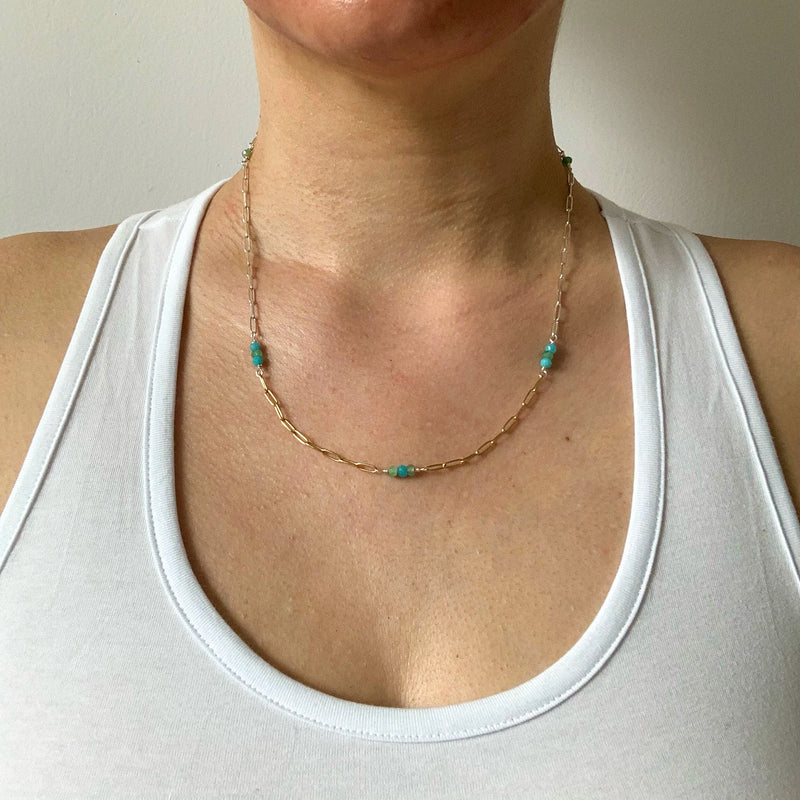 Mixed Metal Paperclip Chain Necklace With Green & Blue Gemstones