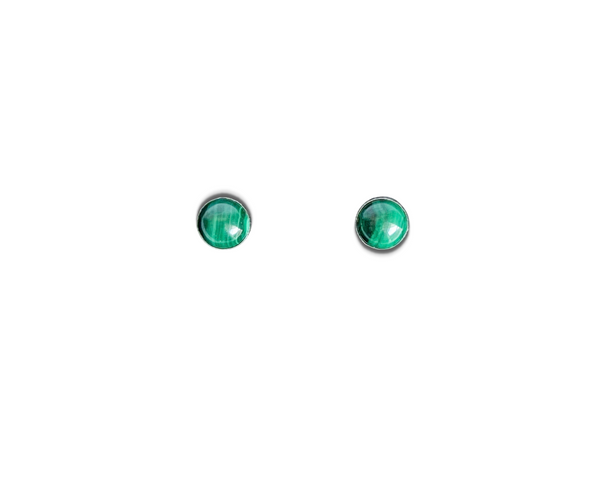 Gorgeous green malachite stud earrings handset in sterling silver. 8.5mm. Made in Long Beach, CA