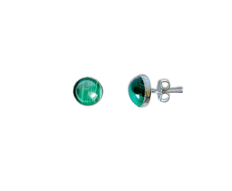 Gorgeous green malachite stud earrings handset in sterling silver. 8.5mm. Made in Long Beach, CA.