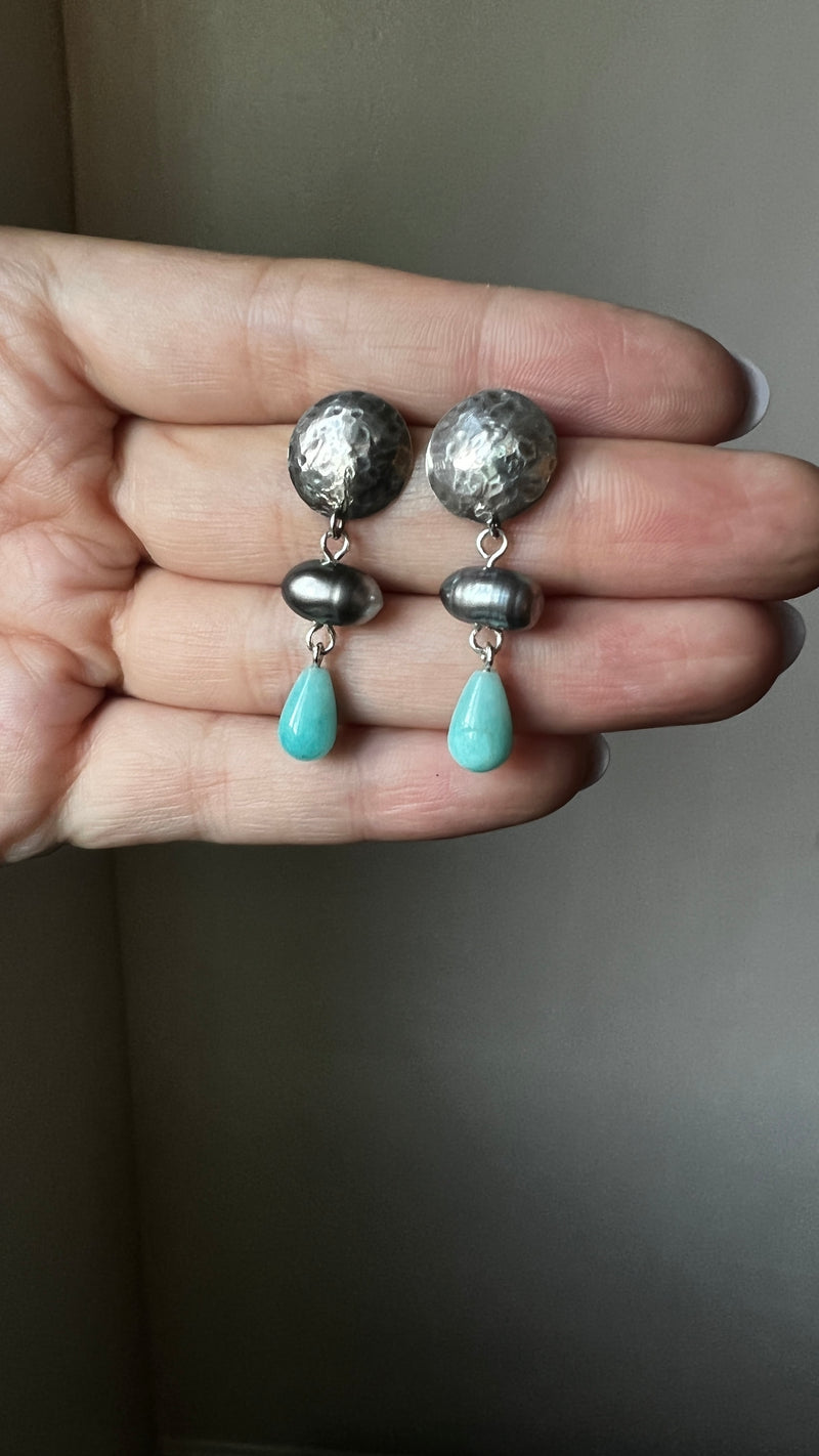 Tahitian Pearl Dangle Earrings with Bright Amazonite in Silver