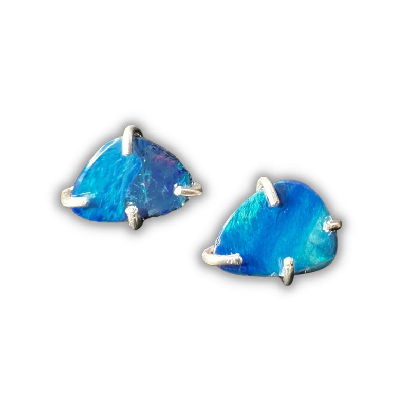 Australian Blue Opal and Silver Stud Earrings
