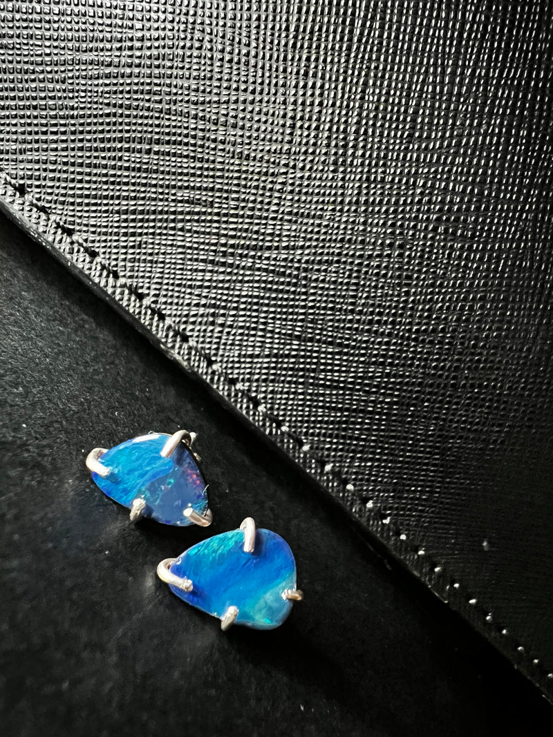 Australian Blue Opal and Silver Stud Earrings